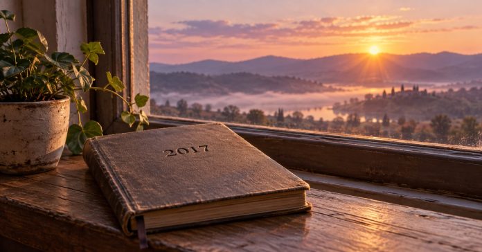 2017 and New Beginnings: Revisiting a Spiritual Reflection A journal marked 2017 beside a sunrise landscape represents revisiting ideas about new beginnings.