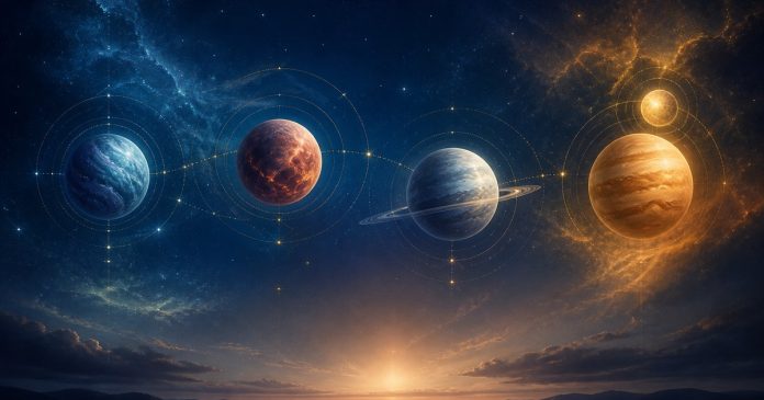 Four luminous planets crossing an indigo-to-gold celestial landscape