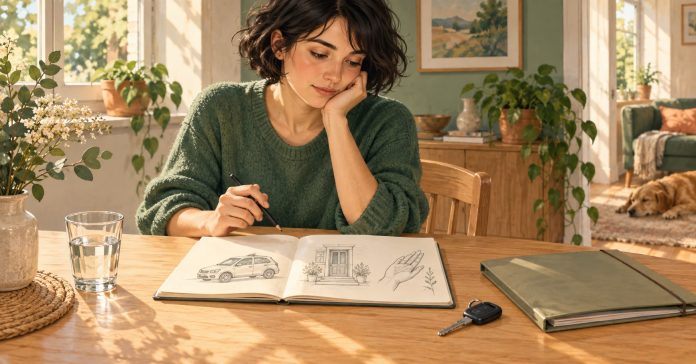 Woman drawing a car, house and hand in an open notebook at a home table.