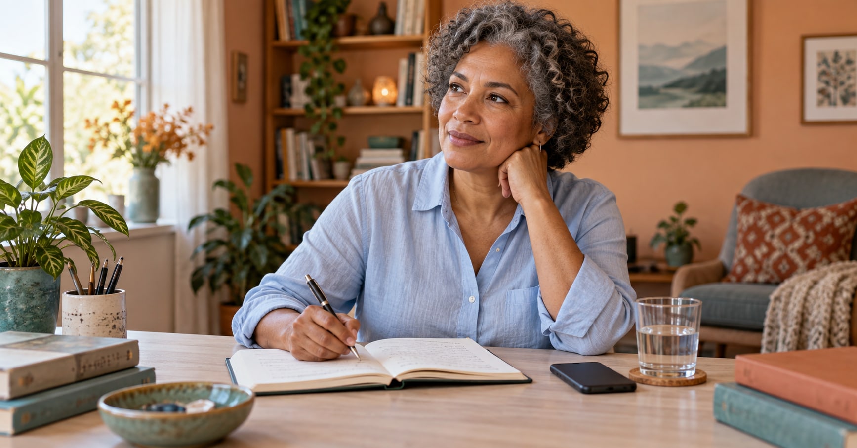 A woman reflecting over an open notebook in a sunlit room.