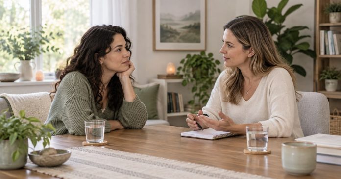 Psychic Readings vs Therapy: Roles, Limits and Support Two women talking across a wooden table with an open notebook.