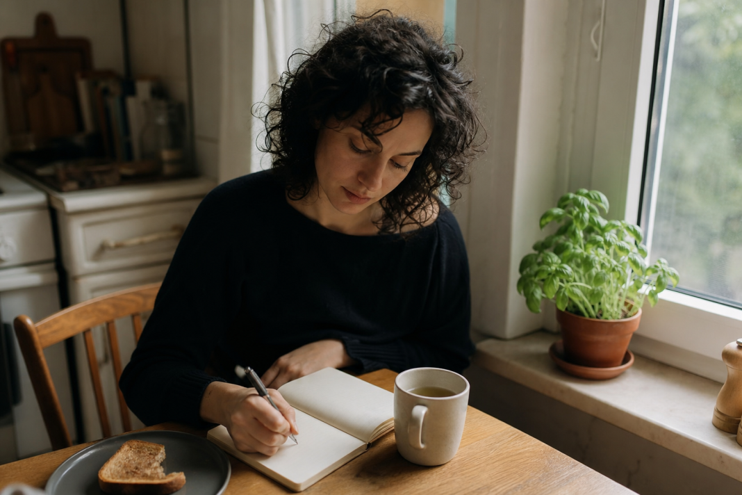 Woman writing in a notebook at a kitchen table with a mug of tea in soft morning light