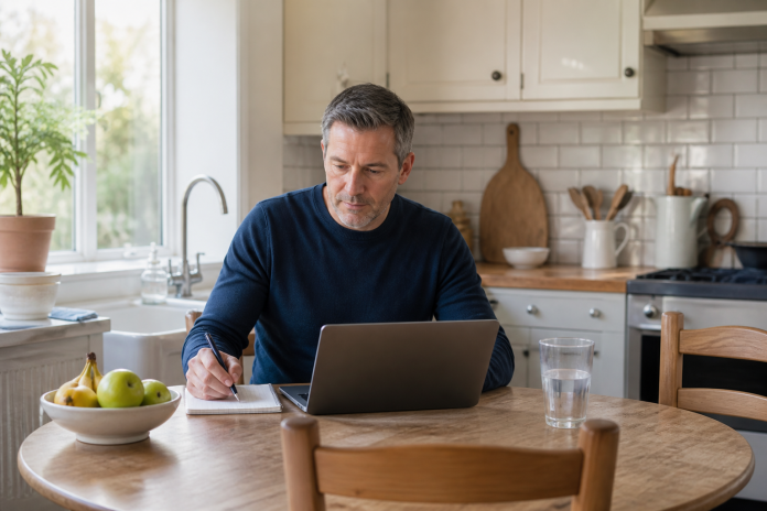 Types of Psychic Reading: How to Choose the Best One for You Man at a bright kitchen table comparing options on a laptop and taking notes in a notebook