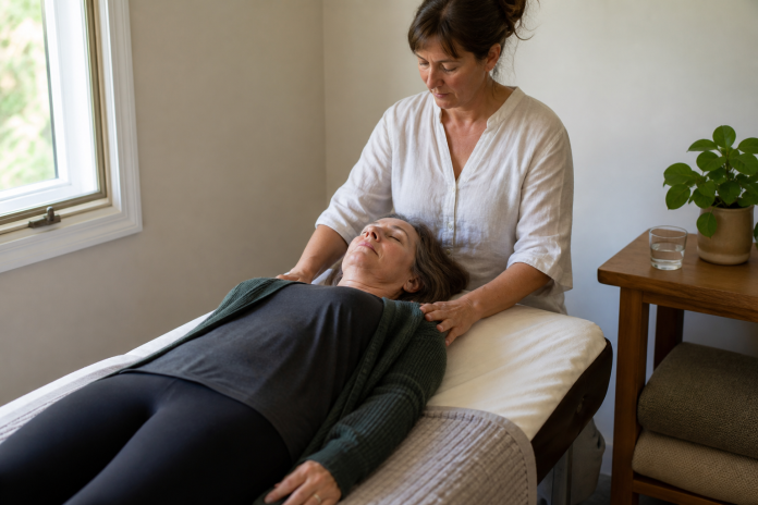 Aura Defined: What Auras Are, Colors and Energy Healing Woman resting fully clothed on a treatment table while a practitioner rests hands lightly near her shoulders in a daylit room