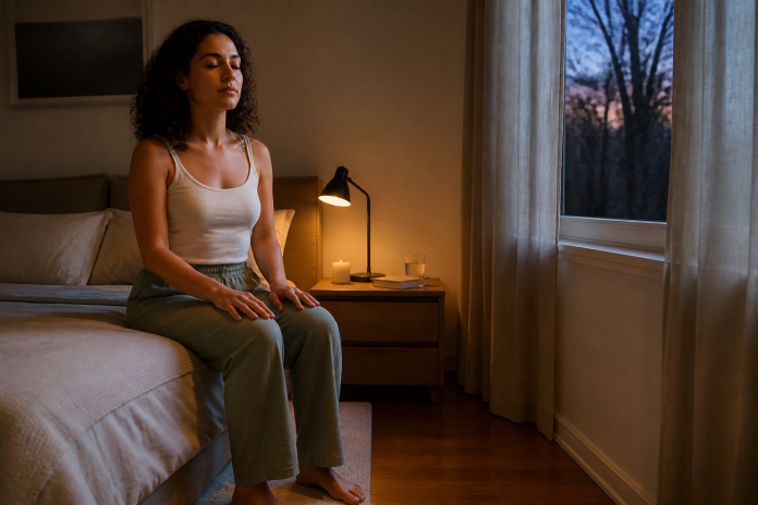 Young woman sitting on the edge of her bed with eyes closed and feet flat on the floor in a quiet bedroom at dusk