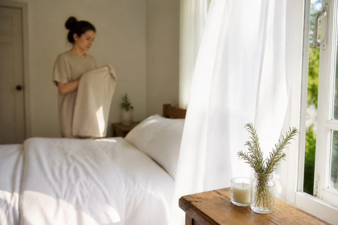 Understanding Spiritual Cleansing: Home Routines and Rituals Tidy bedroom corner with an open window, fresh bedding, a candle and rosemary on the nightstand