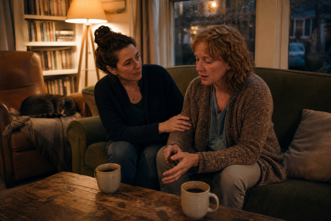 When Do You Need to Leave a Relationship? Two friends talking closely on a sofa in warm lamplight with coffee mugs on the table