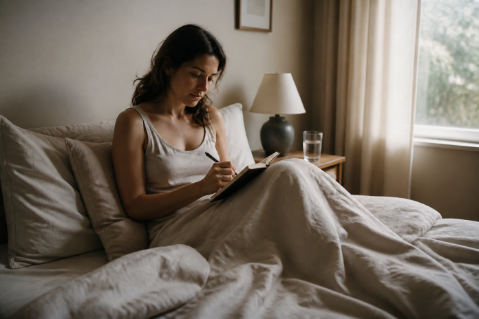 A woman sitting up in bed in the early morning writing her dream in a notebook