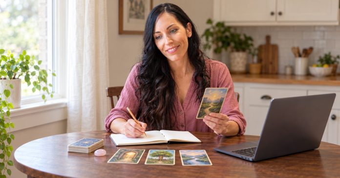 YesPsychic clairvoyance visual intuition 1999 A woman reflects on oracle-card imagery with a journal and laptop at a home table.