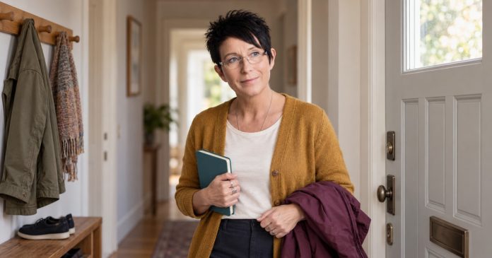 A change considered in your own time Woman holding a folded jacket and closed notebook in an ordinary home hallway.