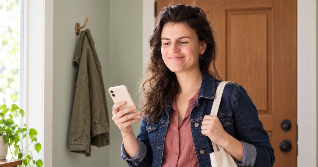 Getting ready at your own pace Woman beside a home doorway holding a phone and a small canvas shoulder bag.