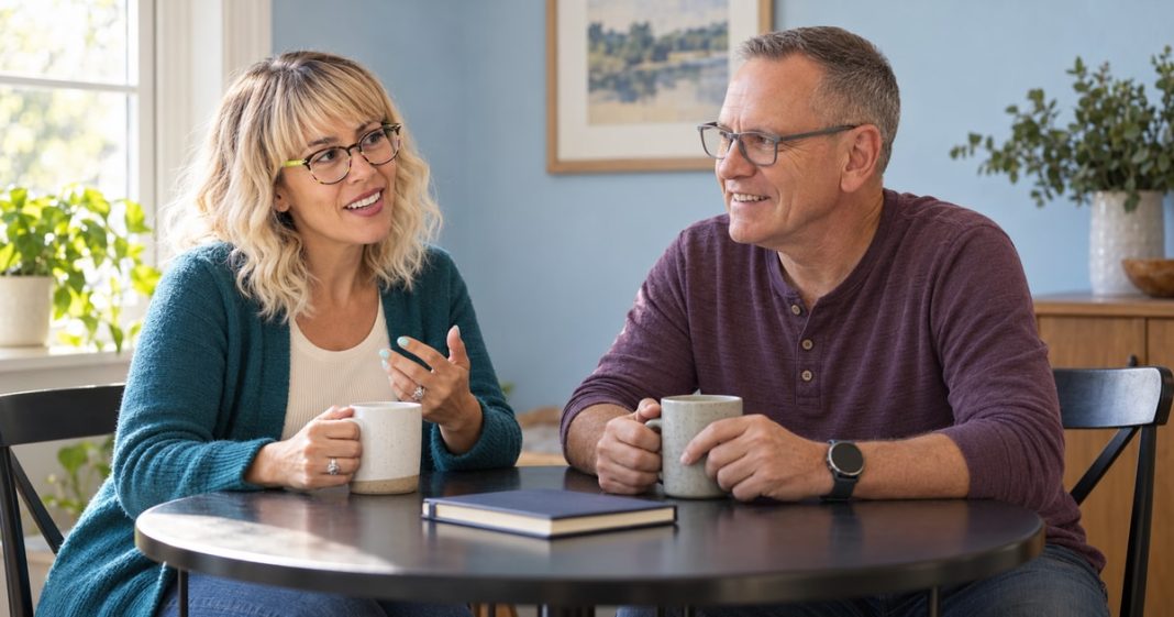A conversation about the relationship you want Two adults talking together at a small dining table at home.