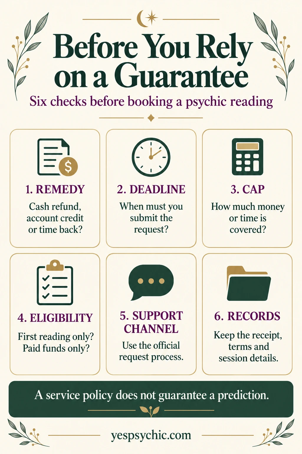 Six checks before relying on a psychic service guarantee: remedy, deadline, cap, eligibility, support channel and records. Full text follows.