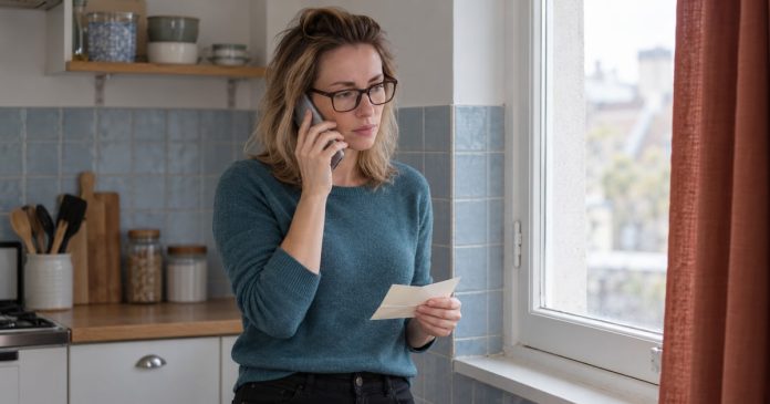 A woman speaks on a phone and holds a folded paper beside a kitchen window.