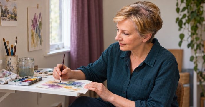 A manageable moment of enjoyment at home Woman trying a small watercolour painting in a simple craft corner at home.