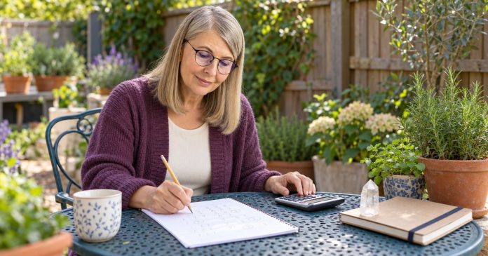 Numerology reflection at a garden table A woman reviews a number worksheet with a calculator at a small garden table.