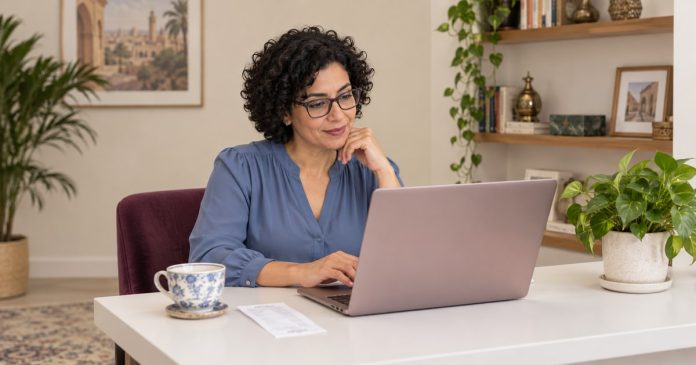 satisfaction-guarantees-distinct-model-20261014 Woman checking a service policy and receipt beside a laptop in a cream office.