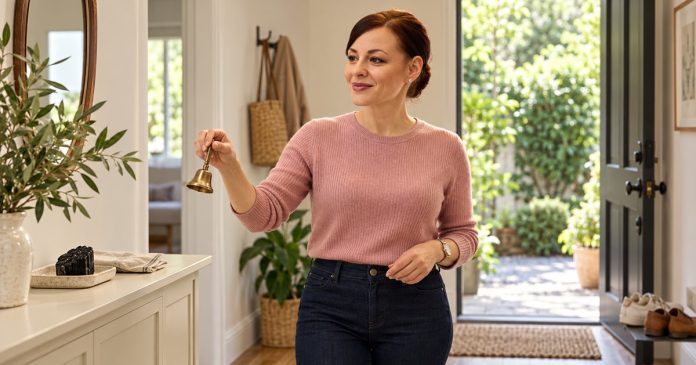 Woman ringing a small brass bell in a tidy home entrance beside a crystal and folded linen.