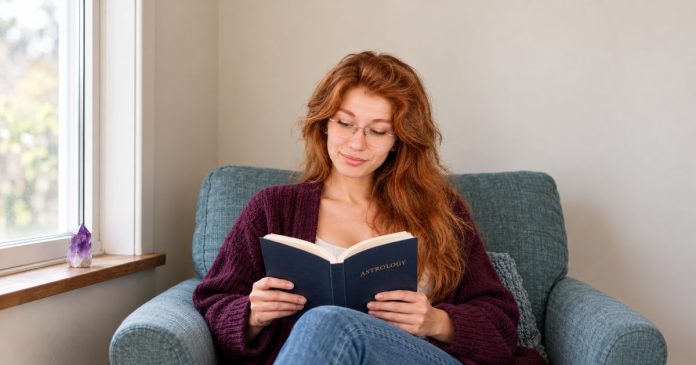Exploring astrology at home Woman reading an astrology book in a home armchair beside a small crystal.